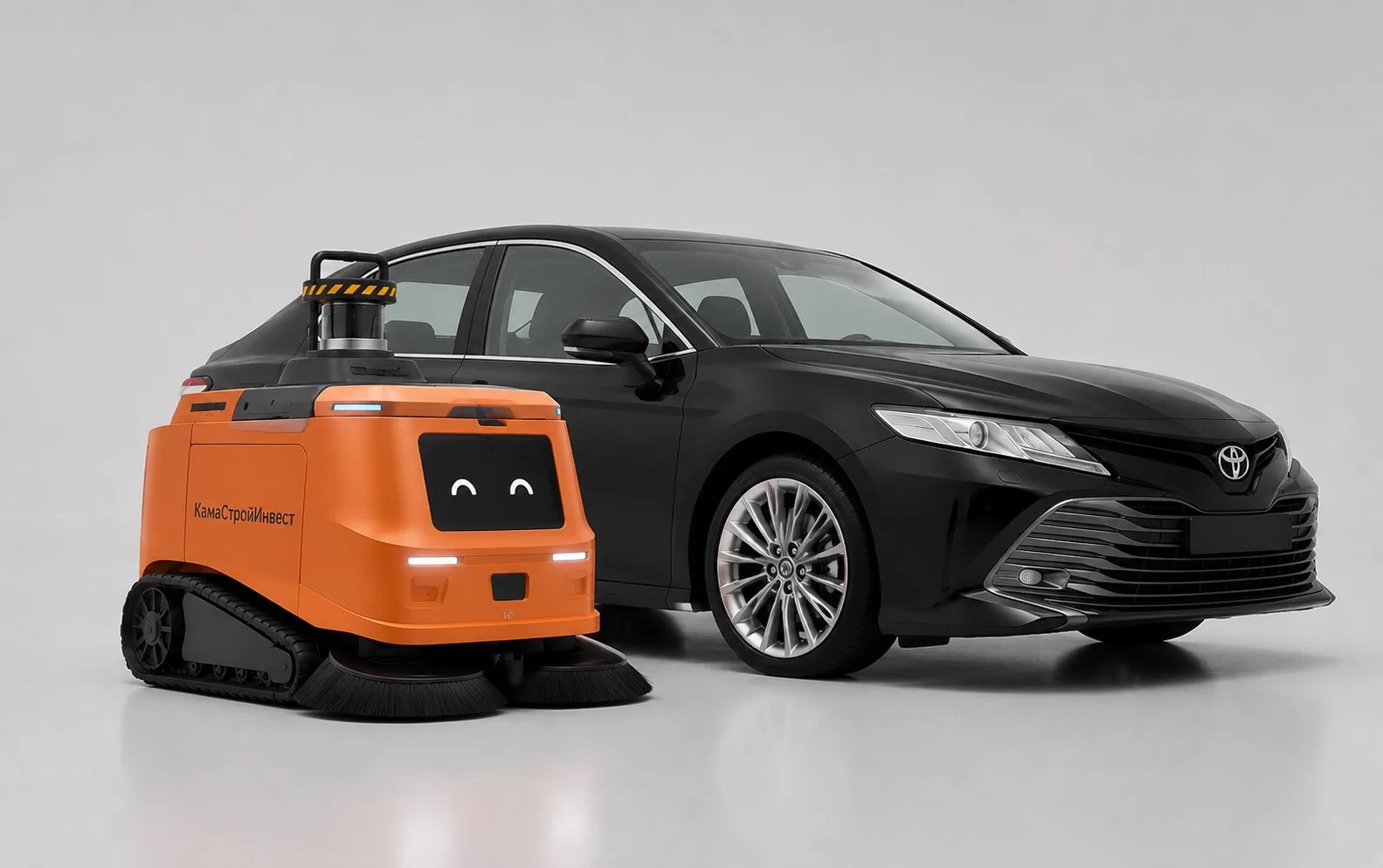 RoboCleaner рядом с легковым автомобилем для сравнения размеров